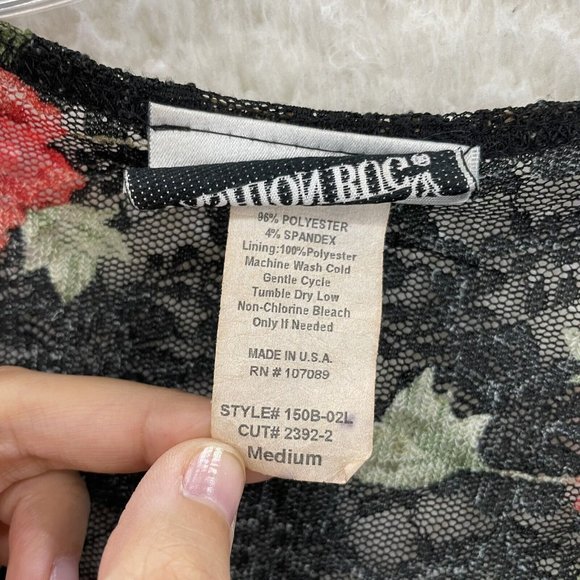 90s Y2K Vintage Fashion Bug Black Rose Floral Sheer Lace Top M L Medium Large - Picture 8 of 9